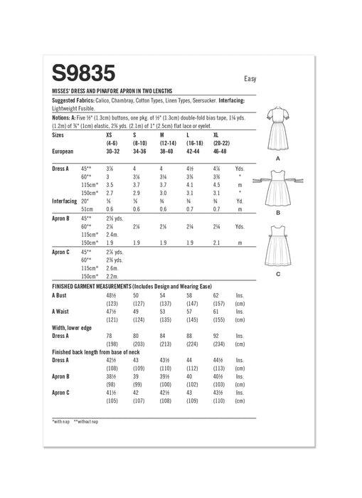 Simplicity sewing pattern 9835 Misses' Dress and Pinafore Apron by Elaine Heigl Designs from Jaycotts Sewing Supplies