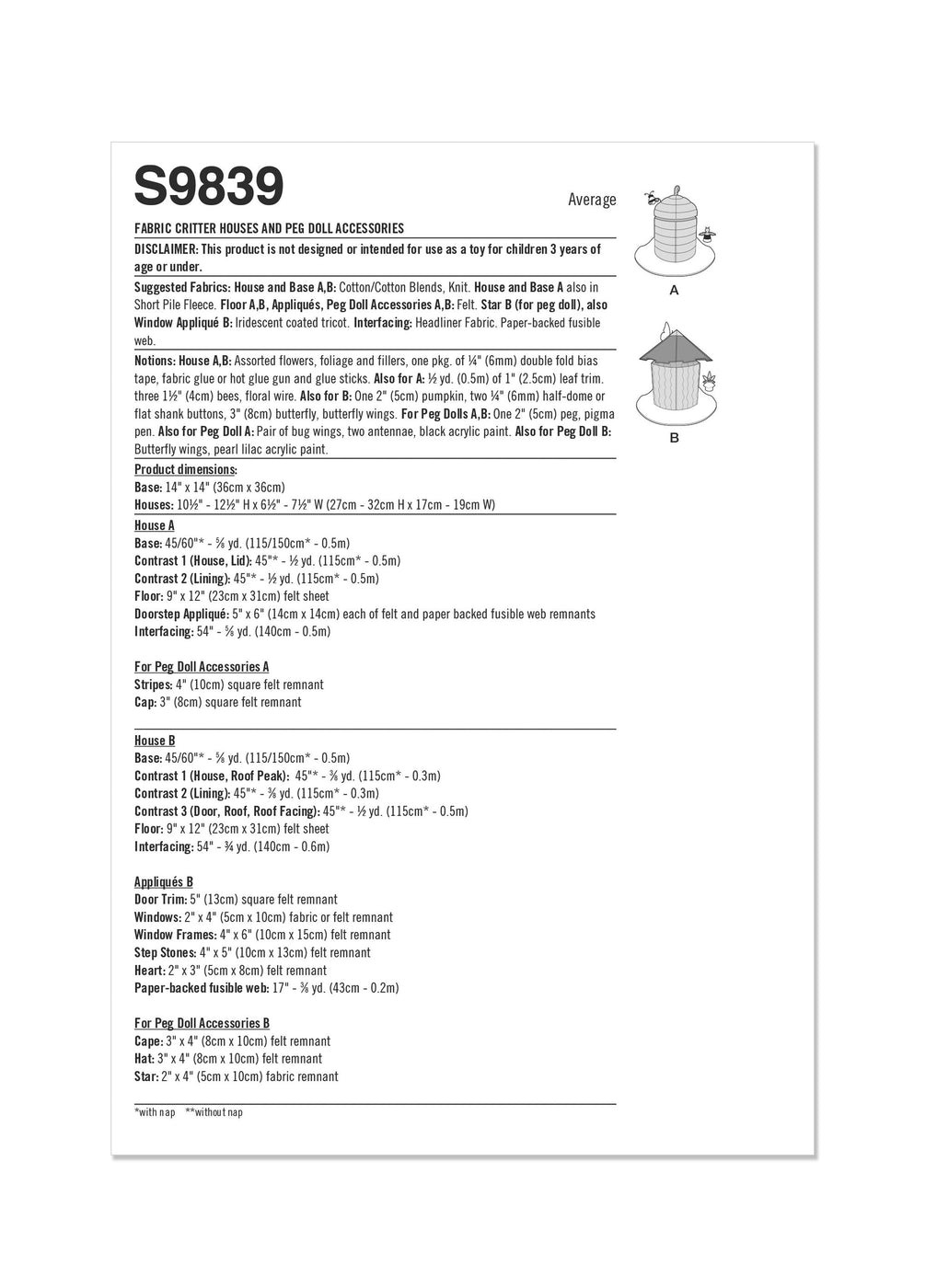 SIMPLICITY Patron Couture S9839 Tissu Critter Maisons Et Peg