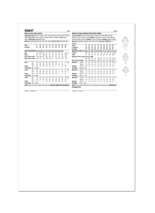 Simplicity Sewing Pattern 9847 Misses' Coat in Three Lengths from Jaycotts Sewing Supplies