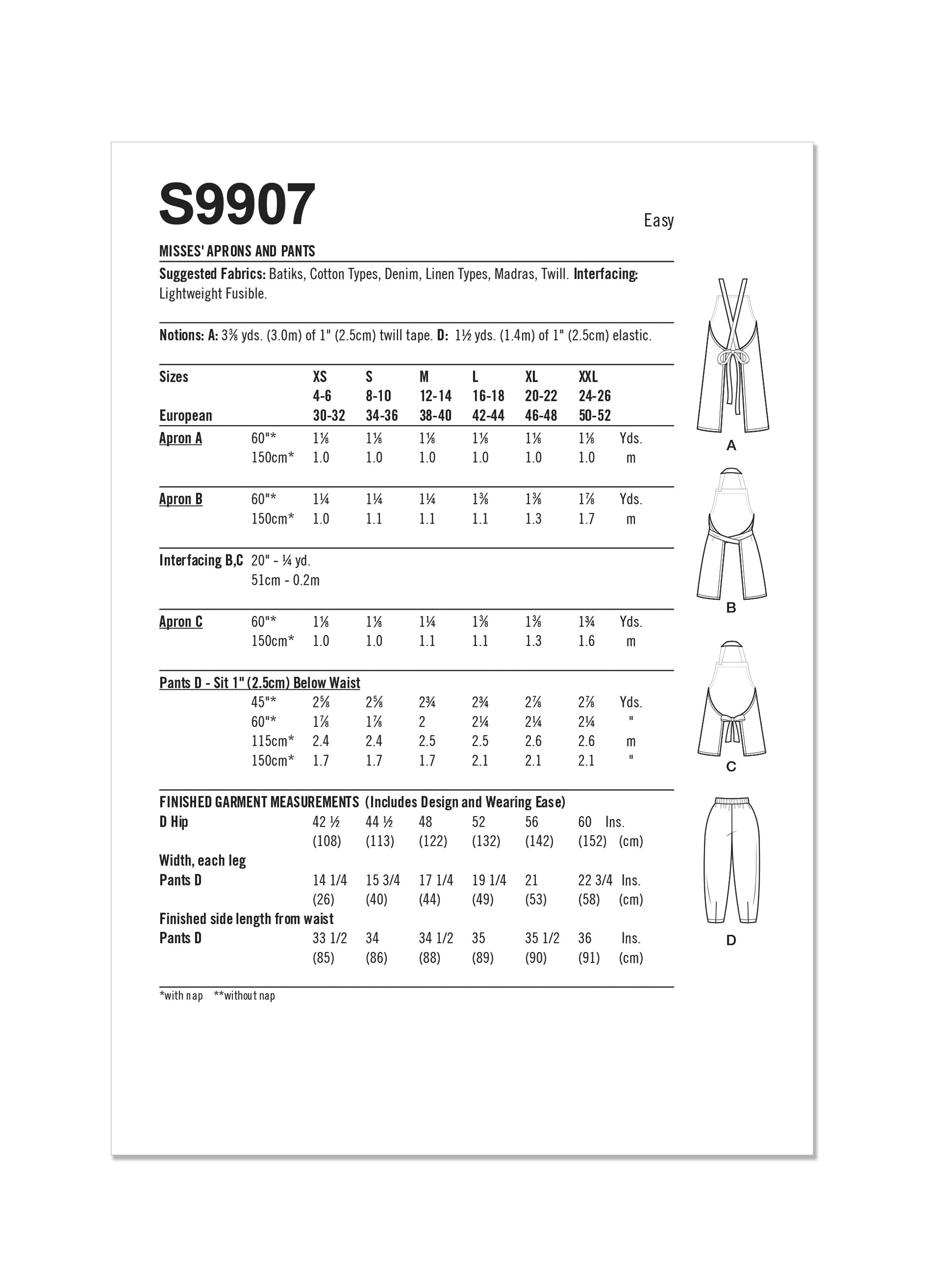 Simplicity Sewing Pattern 9907 Misses' Aprons and Pants By Elaine Heigl Designs from Jaycotts Sewing Supplies