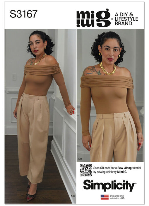 Simplicity pattern S3167 Off The Shoulder Knit Top and Woven Trousers by Mimi G Style from Jaycotts Sewing Supplies