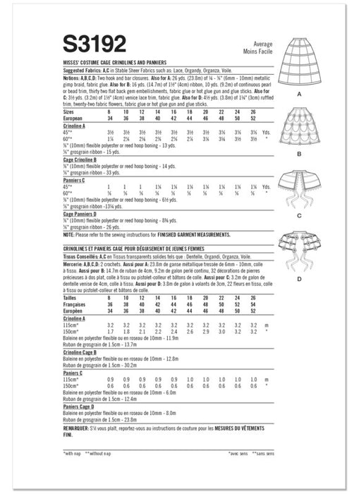 Simplicity sewing pattern S3192  Costume Cage Crinolines and Panniers from Jaycotts Sewing Supplies