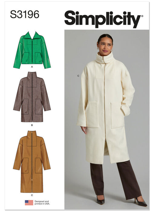 Simplicity Sewing Pattern 3196 Misses' High Collar Coat in Three Lengths from Jaycotts Sewing Supplies