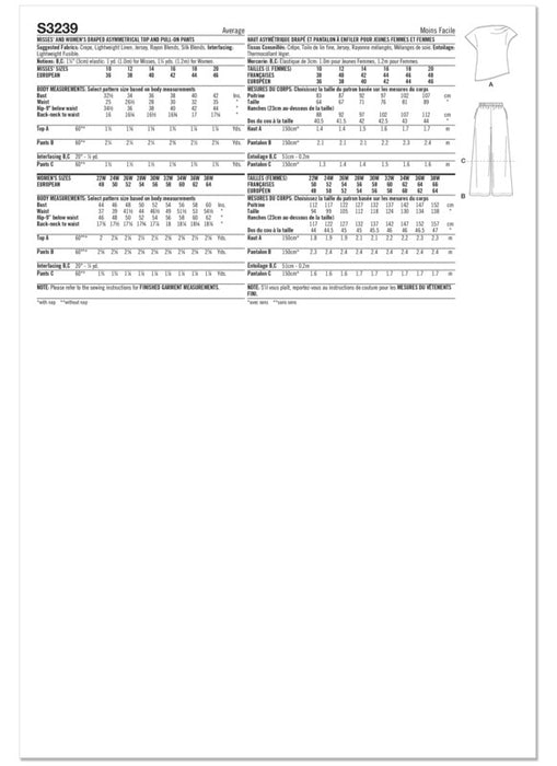 Simplicity Sewing Pattern 3239 Misses' and Women's Draped Asymmetrical Top and Pull-On Pants from Jaycotts Sewing Supplies