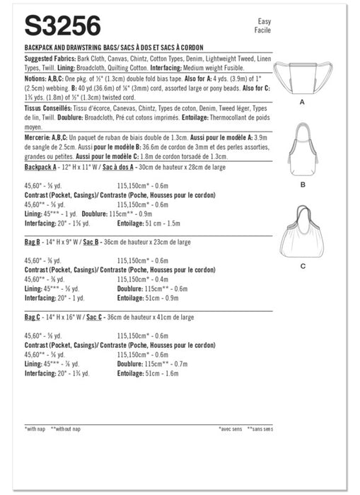 Simplicity Sewing Pattern 3256 Backpack and Drawstring Bags from Jaycotts Sewing Supplies