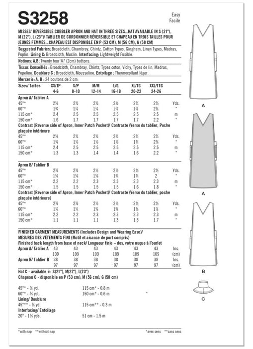 Simplicity Sewing Pattern 3258 Misses' Reversible Cobbler Apron and Hat in Three Sizes S, M and L from Jaycotts Sewing Supplies