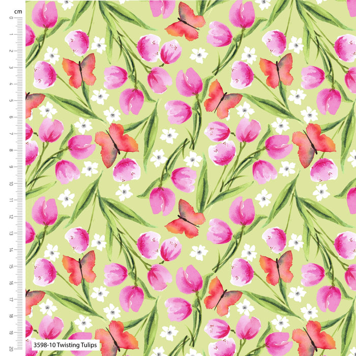 Spring Watercolours Organic Cotton Fabric, Twist Tulips from Jaycotts Sewing Supplies