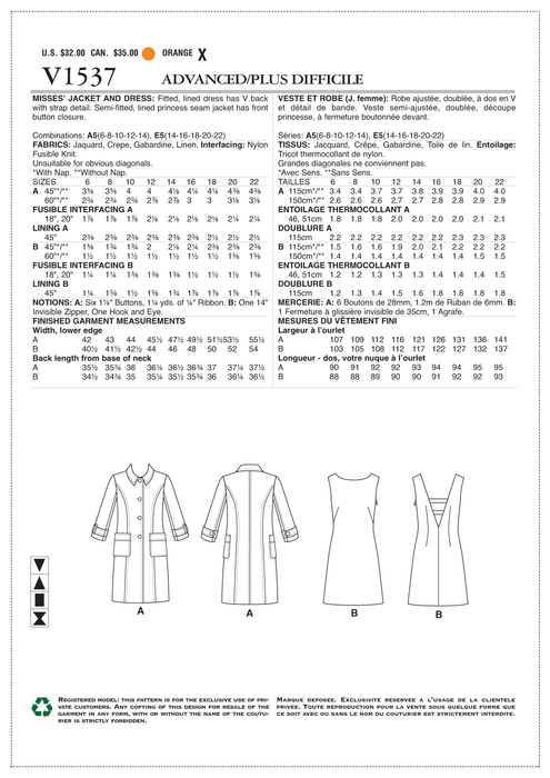 Vogue Pattern 1537 MISSES' JACKET AND DRESS from Jaycotts Sewing Supplies