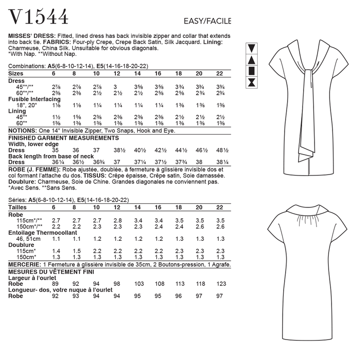 Vogue Pattern 1544 Lined Shift Dress from Jaycotts Sewing Supplies