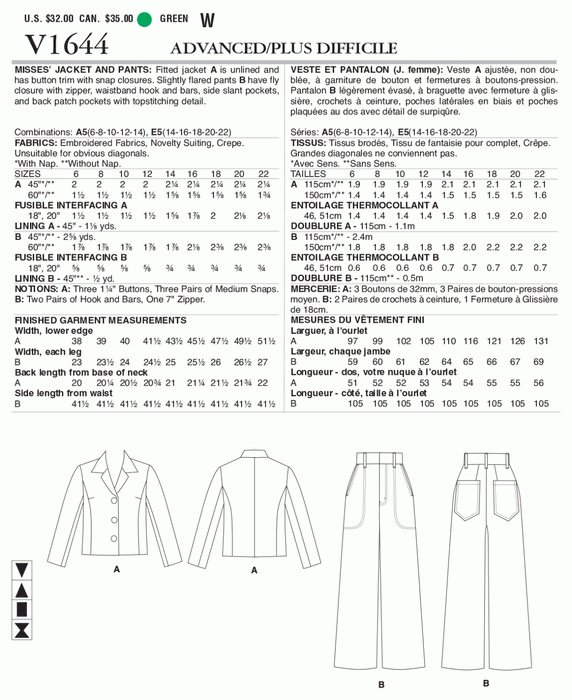 Vogue 1644 Misses' Jacket and Trousers pattern | Kathryn Brenne from Jaycotts Sewing Supplies