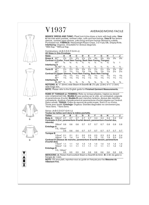 Vogue Sewing Pattern V1937 Misses' Dress and Tunic by Sandra Betzina from Jaycotts Sewing Supplies