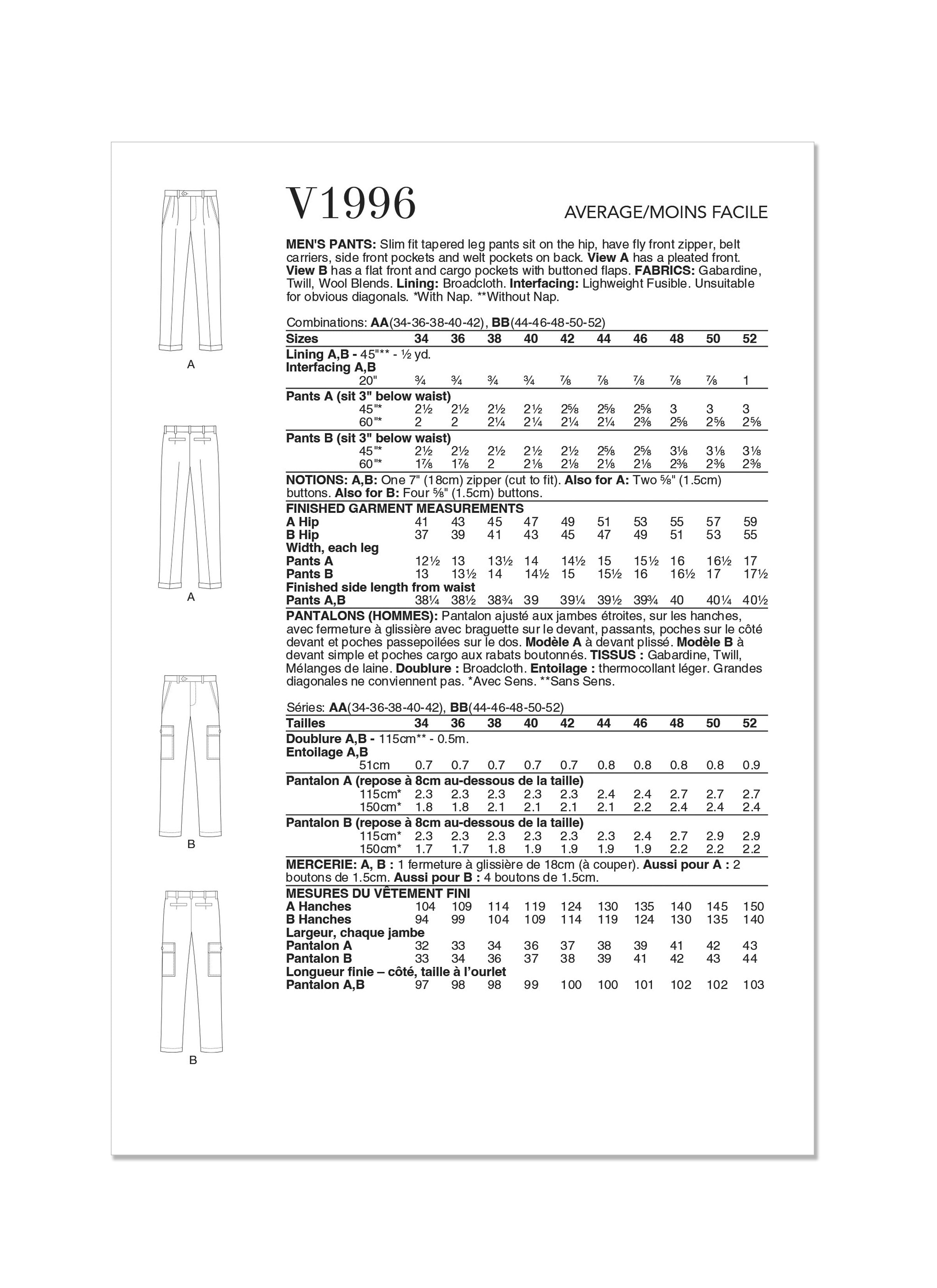 Vogue Sewing Pattern 1996 Men's Pants from Jaycotts Sewing Supplies
