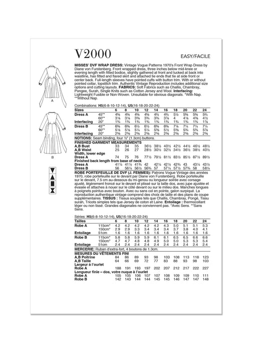 Vogue Sewing Pattern 2000 Classic DVF Wrap Dress by Diane Von Furstenberg from Jaycotts Sewing Supplies