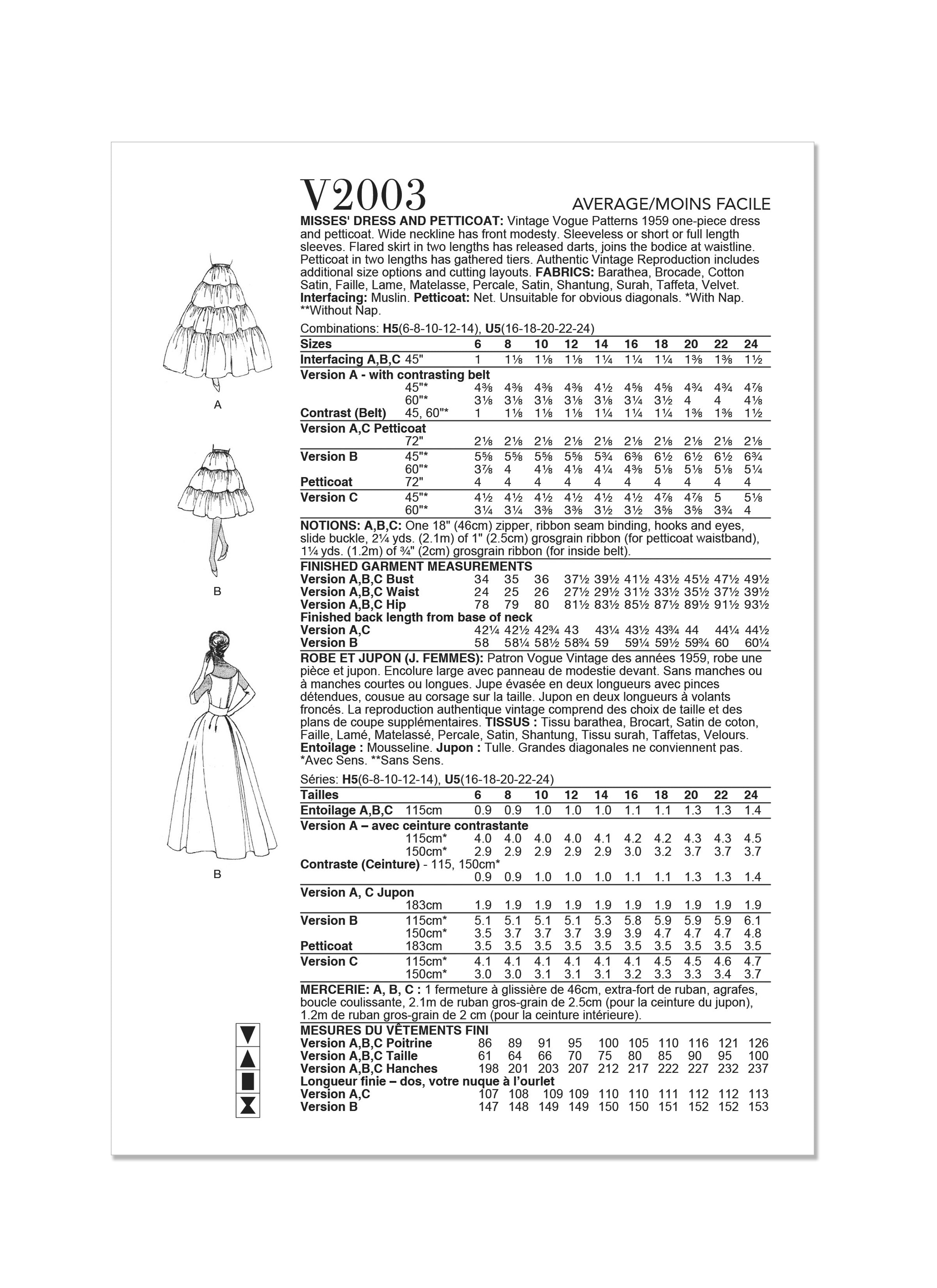 Vogue Sewing Pattern 2003 Vintage 1950's Dress and Petticoat from Jaycotts Sewing Supplies