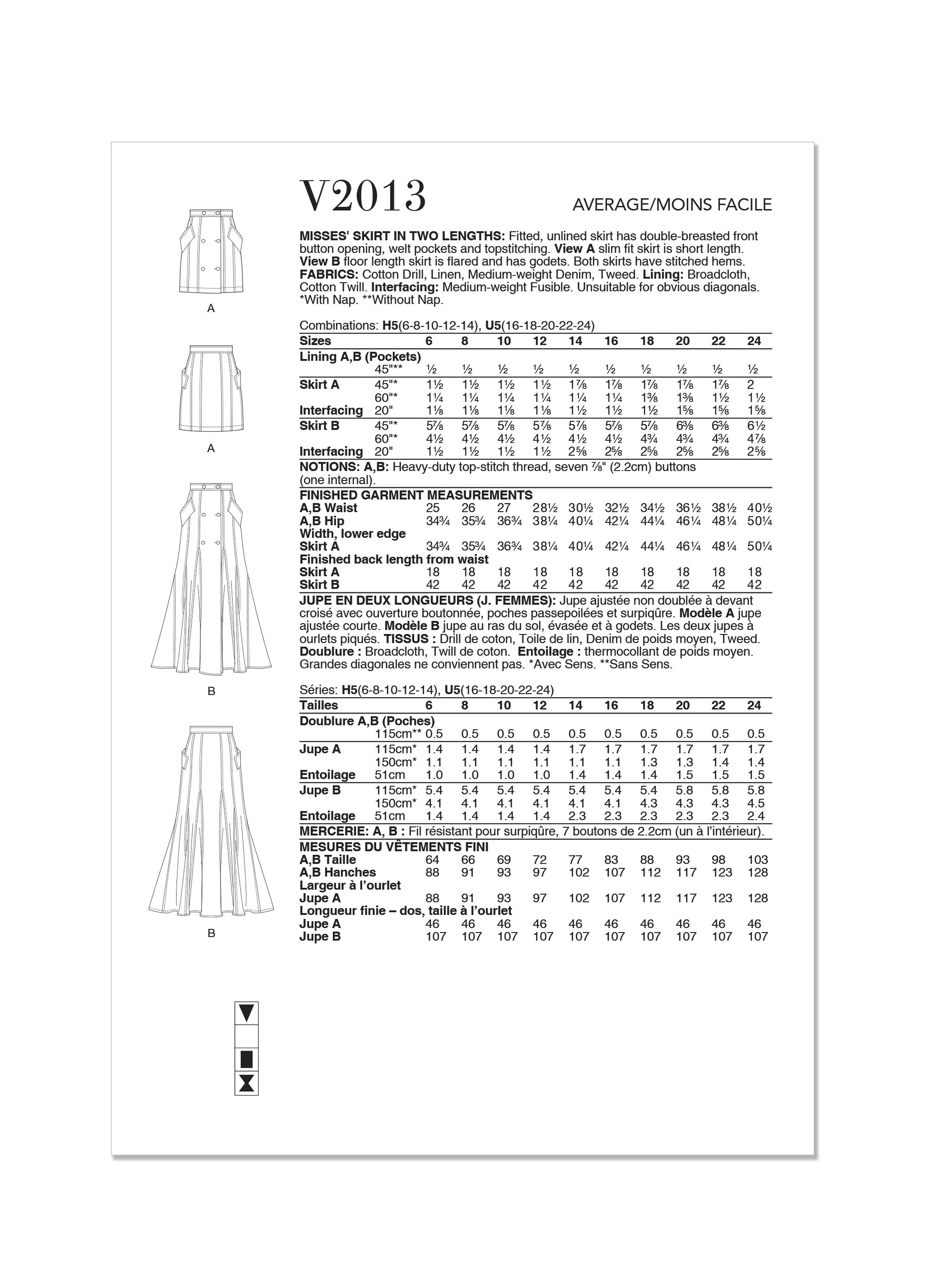 Vogue Sewing Pattern 2013 Misses' Skirt in Two Lengths from Jaycotts Sewing Supplies