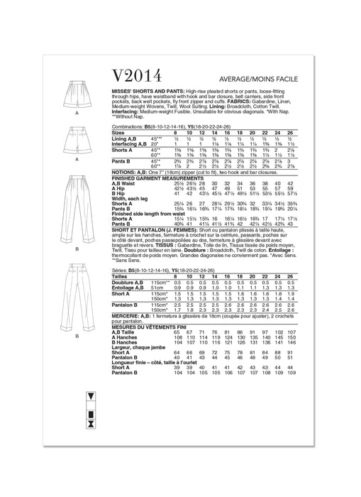 Vogue Sewing Pattern 2014 Misses' Shorts and Pants from Jaycotts Sewing Supplies