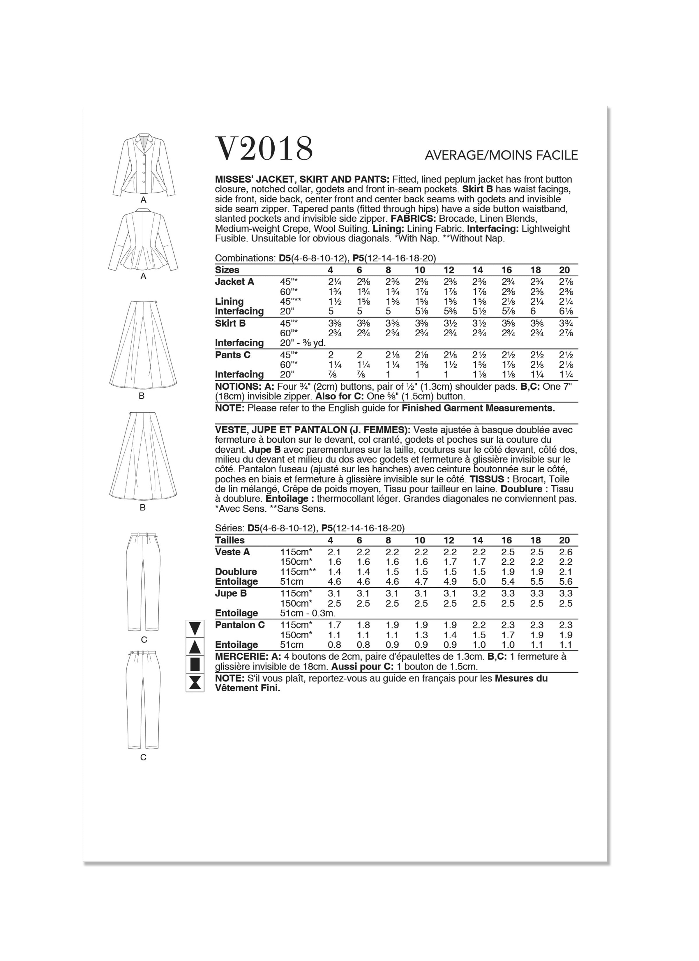 Vogue Sewing Pattern 2018 Skirt and Trouser Suits from Jaycotts Sewing Supplies