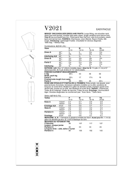 Vogue Sewing Pattern 2021 Misses' One Shoulder Dress and Pants from Jaycotts Sewing Supplies