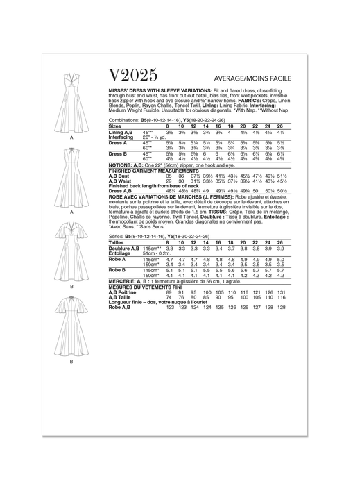 Vogue sewing pattern 2025 Dress with Sleeve Variations from Jaycotts Sewing Supplies