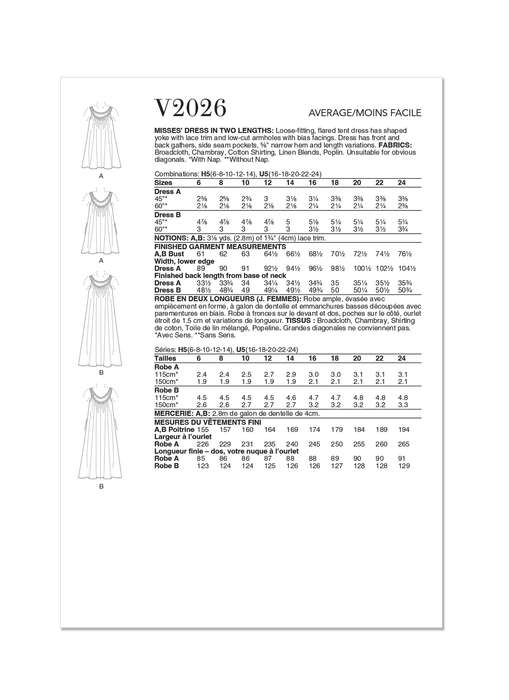 Vogue sewing pattern 2026 Tent Dress in Two Lengths from Jaycotts Sewing Supplies