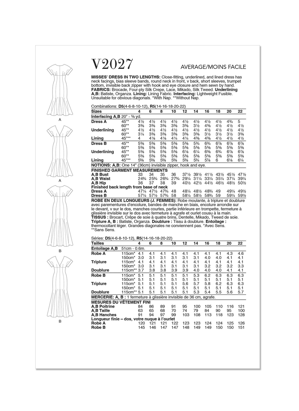 Vogue sewing pattern 2027 Dress in Two Lengths from Jaycotts Sewing Supplies
