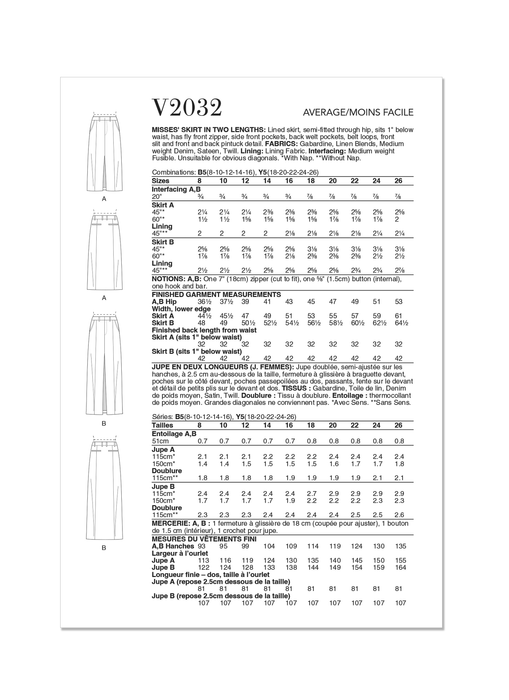 Vogue sewing pattern 2032 Skirt in Two Lengths from Jaycotts Sewing Supplies