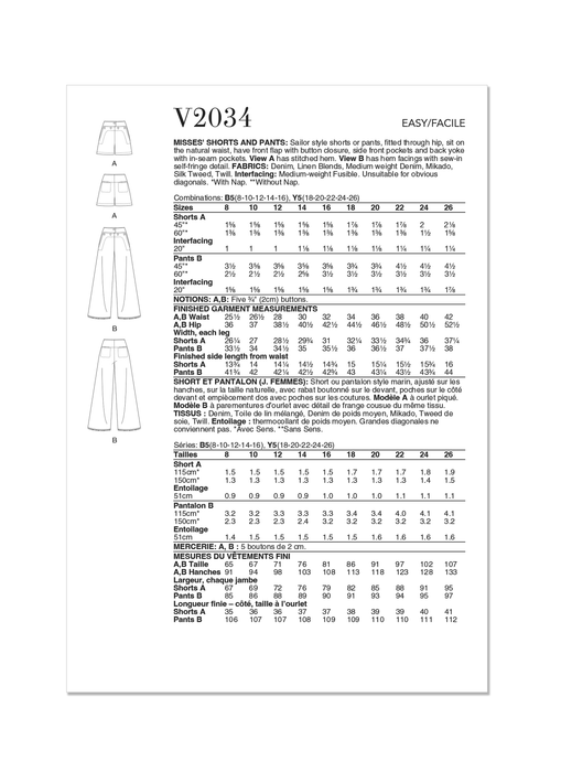 Vogue sewing pattern 2034 Shorts and Pants from Jaycotts Sewing Supplies