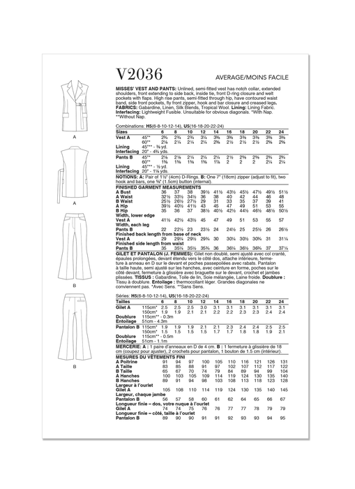 Vogue sewing pattern 2036 Vest and Pants from Jaycotts Sewing Supplies