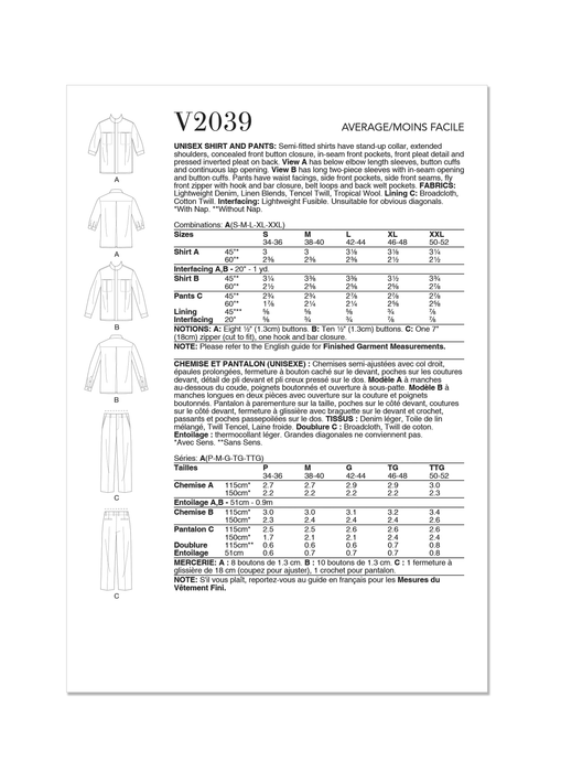 Vogue sewing pattern 2039 Unisex Shirt and Pants from Jaycotts Sewing Supplies