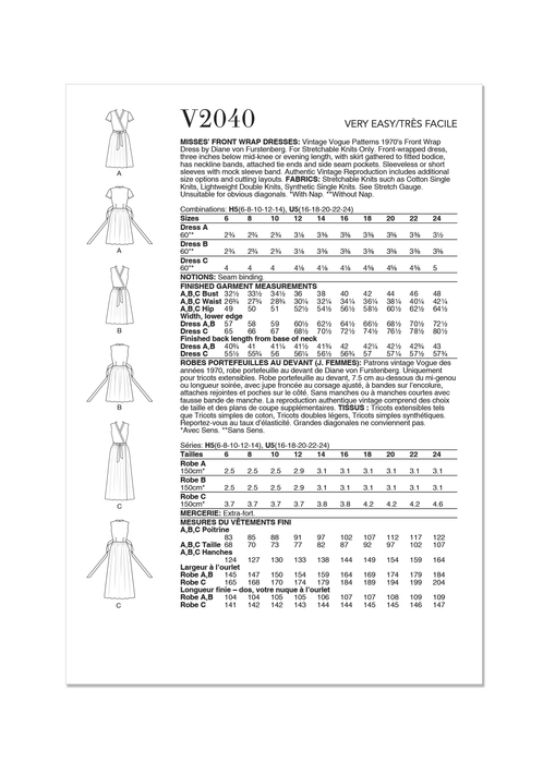 Vogue sewing pattern 2040 Front Wrap Dresses by Diane von Furstenberg from Jaycotts Sewing Supplies