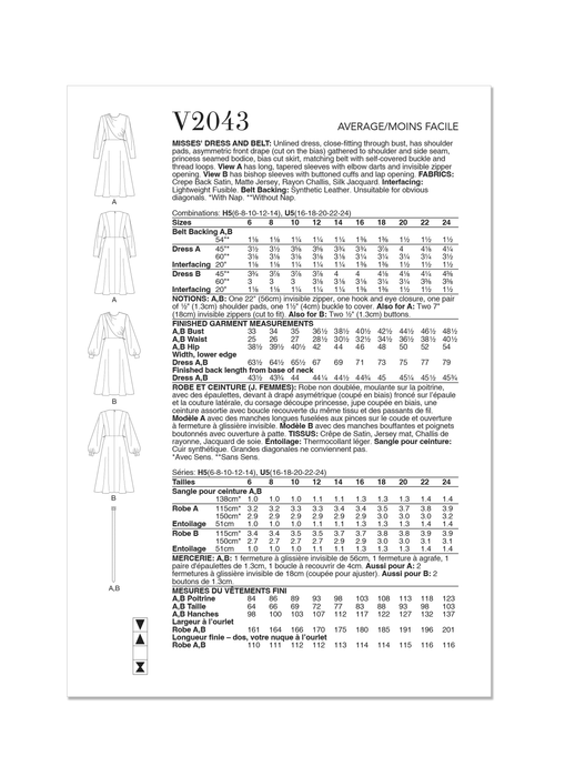 Vogue Sewing Pattern 2043 Dresses and Belt from Jaycotts Sewing Supplies