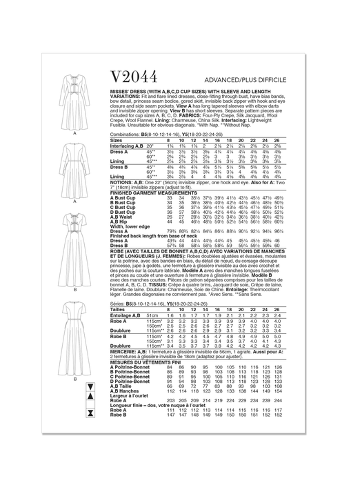 Vogue Sewing Pattern 2044 Dress with Sleeve and Length Variations from Jaycotts Sewing Supplies