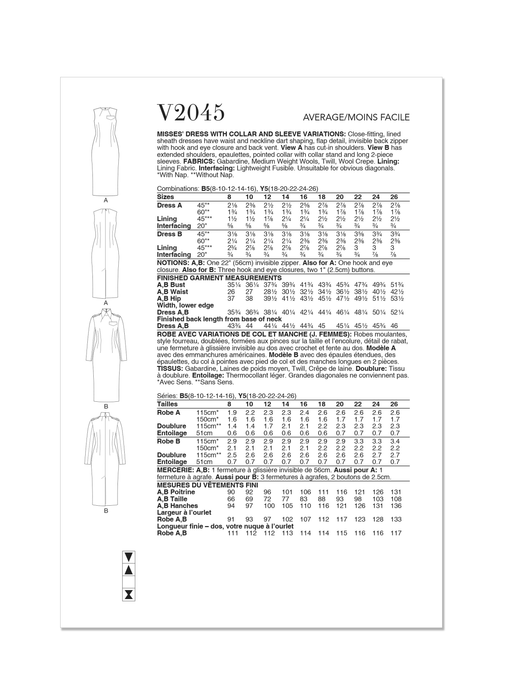 Vogue Sewing Pattern 2045 Dress with Collar and Sleeve Variations from Jaycotts Sewing Supplies