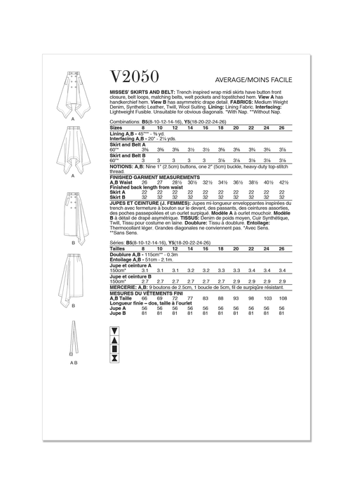 Vogue Sewing Pattern 2050 Skirts and Belt from Jaycotts Sewing Supplies