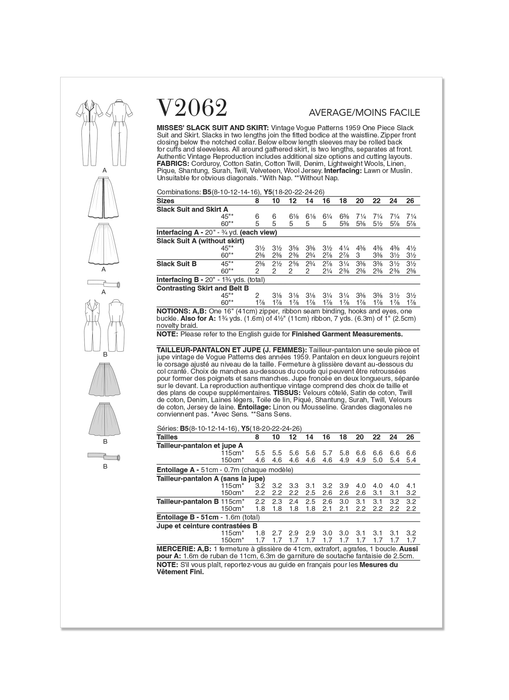 Vogue Sewing Pattern 2062 Slack Suit and Skirt from Jaycotts Sewing Supplies