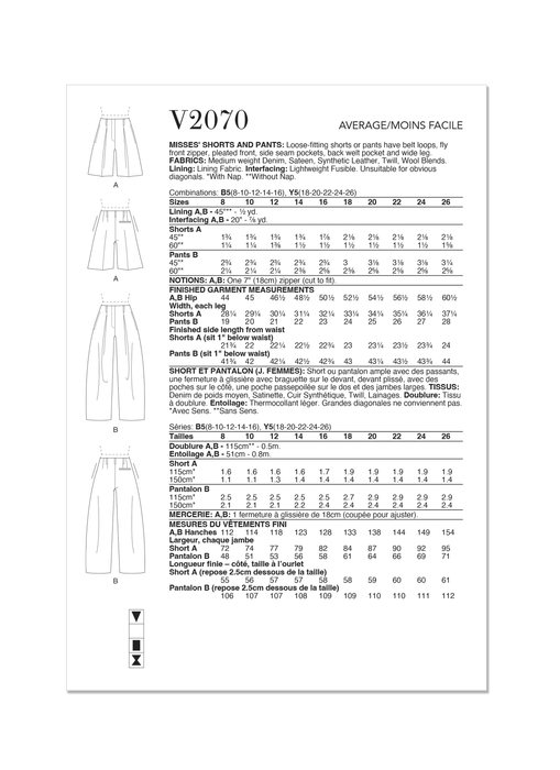 Vogue Sewing Pattern 2070 Misses' Trousers and shorts from Jaycotts Sewing Supplies