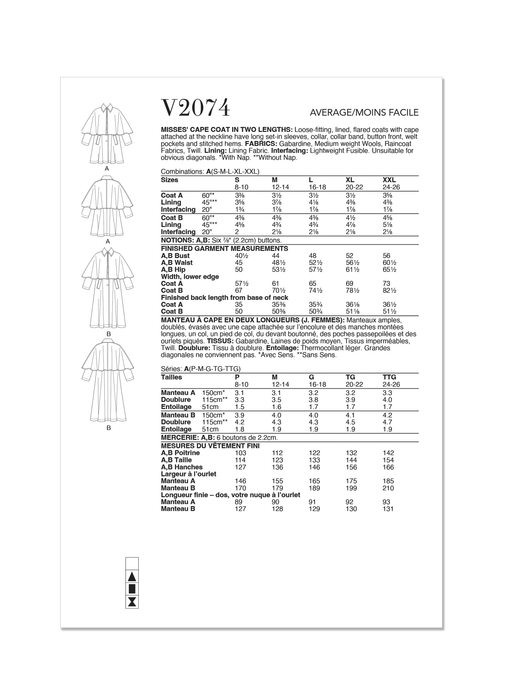 Vogue Sewing Pattern 2074 Misses' Cape Coat in Two Lengths from Jaycotts Sewing Supplies