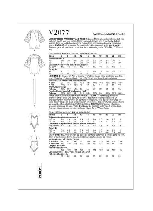 Vogue Sewing Pattern 2077 Misses' Robe with Belt and Teddy from Jaycotts Sewing Supplies