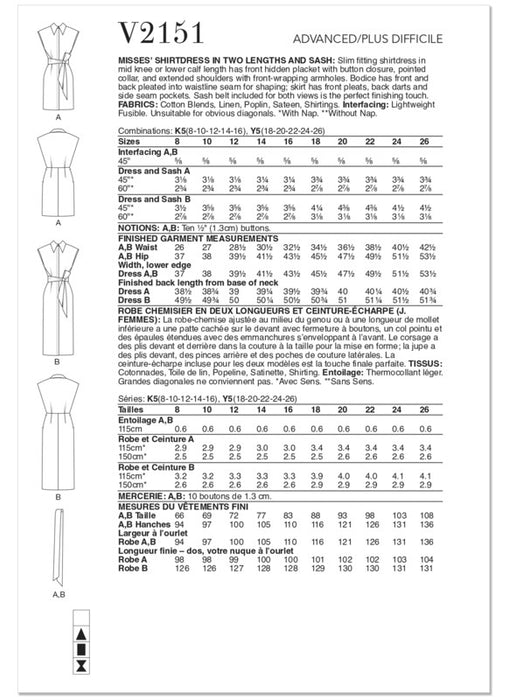 Vogue Patterns 2151 Misses' Shirtdress in Two Lengths and Sash from Jaycotts Sewing Supplies