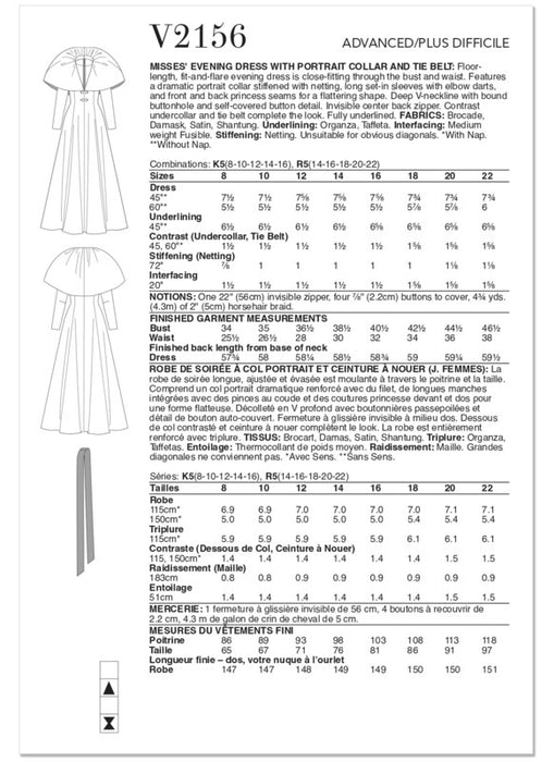 Vogue Patterns 2156 Misses' Evening Dress with Portrait Collar and Tie Belt from Jaycotts Sewing Supplies