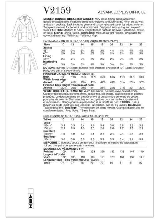 Vogue Patterns 2159 Misses' Double-Breasted Jacket from Jaycotts Sewing Supplies