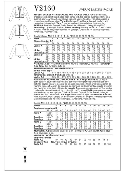 Vogue Patterns 2160 Misses' Jacket with Neckline and Pocket Variation from Jaycotts Sewing Supplies