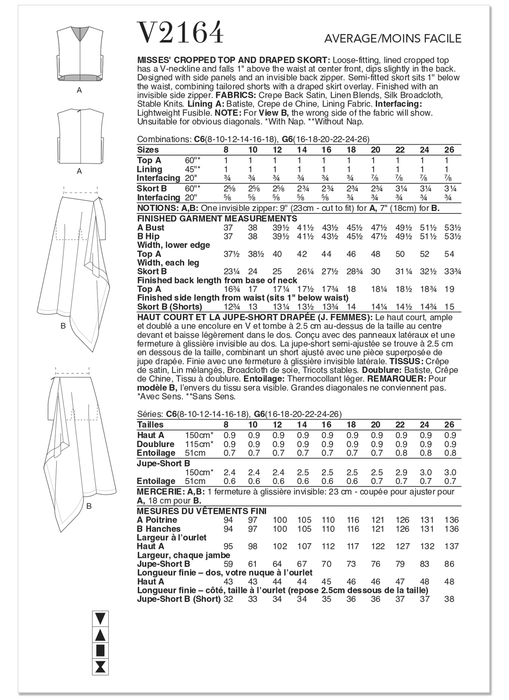 Vogue Patterns 2164 Misses' Cropped Top and Draped Skort from Jaycotts Sewing Supplies