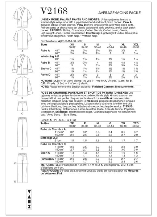 Vogue Patterns 2168 Unisex Robe, Pyjama Pants and Shorts from Jaycotts Sewing Supplies