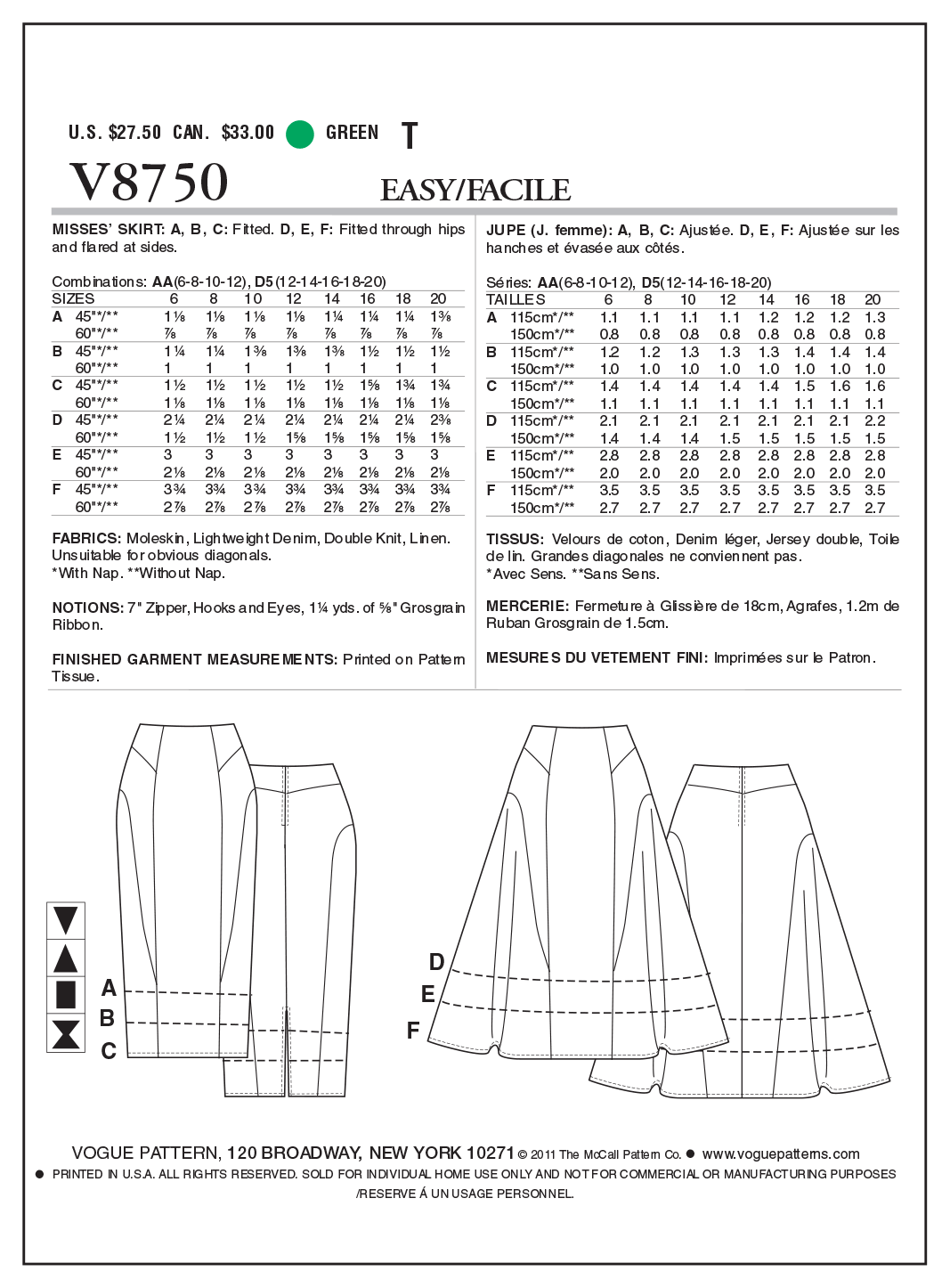 Vogue Pattern 8750 Misses' Skirt | Easy from Jaycotts Sewing Supplies