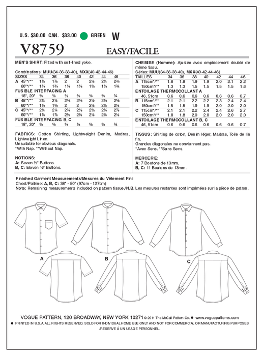 Vogue Pattern 8759 Men's Shirt | Easy from Jaycotts Sewing Supplies