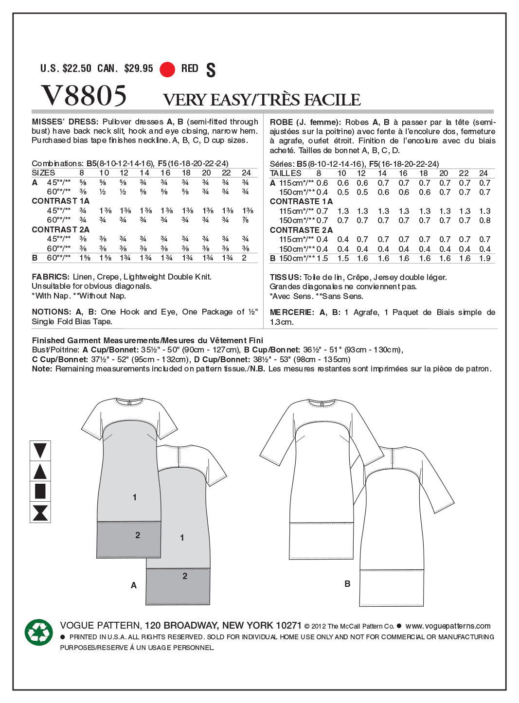 Vogue Pattern 8805 Misses' Dress | Very Easy from Jaycotts Sewing Supplies