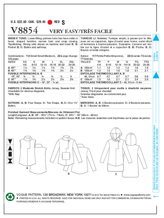 Vogue Pattern 8854 Misses' Tunic | Very Easy from Jaycotts Sewing Supplies