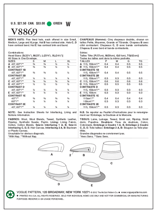 Vogue Sewing Pattern 8869 Men's Hats from Jaycotts Sewing Supplies