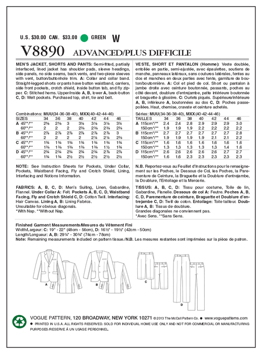 Vogue Pattern 8890 Men's Jacket, Shorts and Pants | Advanced from Jaycotts Sewing Supplies